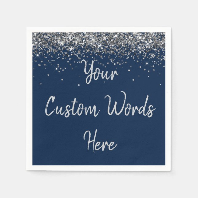 Custom Navy Blue and Silver Glitter Birthday Party Napkin (Front)