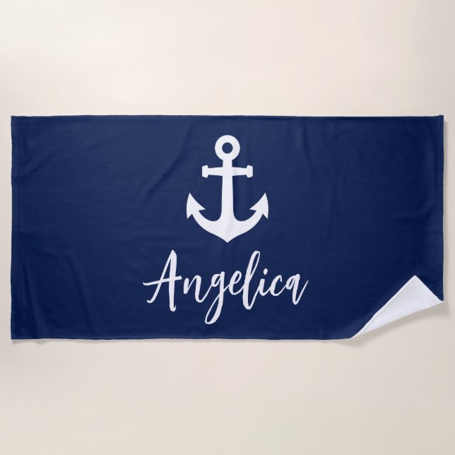 Custom Navy Blue and White Anchor Beach Towel (Front)