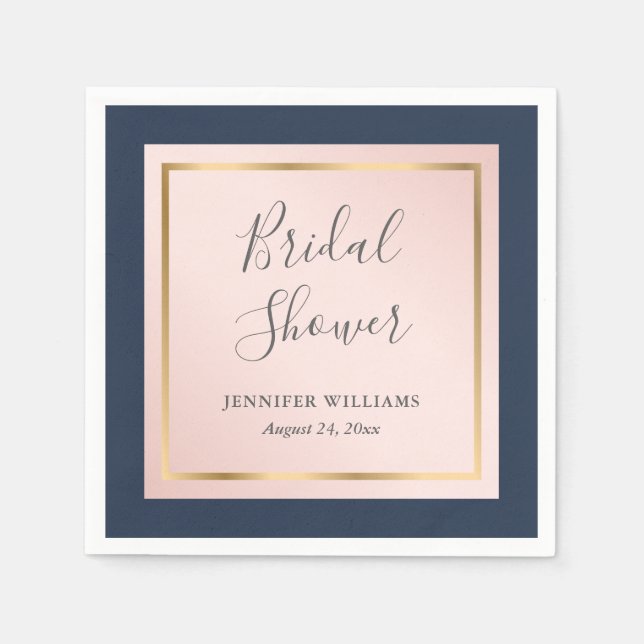 Custom Navy Blue Blush and Gold Bridal Shower Napkin (Front)