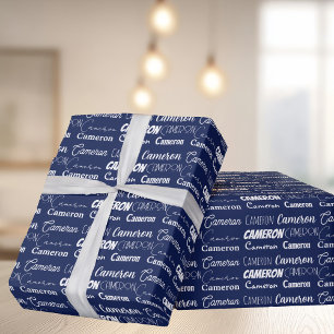 Custom Navy Blue Boys Name Collage Birthday Wrapping Paper