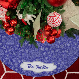Custom Navy Blue Doodle Christmas Sleigh Pattern Brushed Polyester Tree Skirt