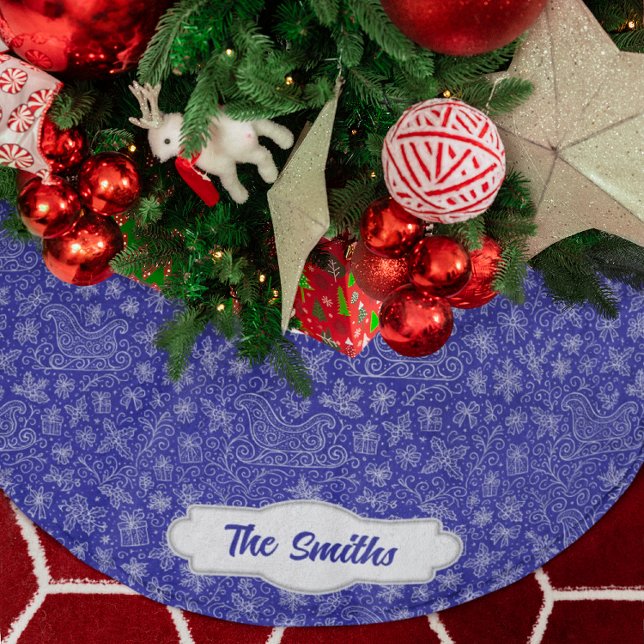 Custom Navy Blue Doodle Christmas Sleigh Pattern Brushed Polyester Tree Skirt (Creator Uploaded)