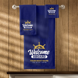 Custom Navy Blue & Gold Boat Name Welcome Aboard Bath Towel Set