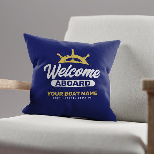  Custom Navy Blue & Gold Boat Name Welcome Aboard Cushion