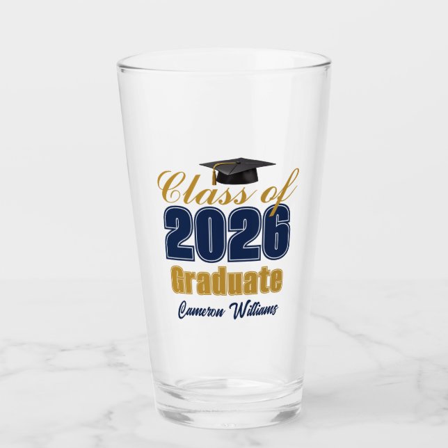 Custom Navy Blue Gold Class of 2026 Graduation Glass (Front)