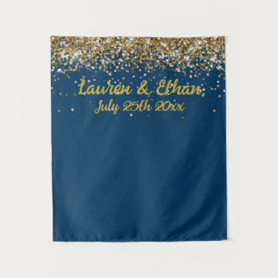 Custom Navy Blue Gold Glitter Wedding Photo Booth Tapestry