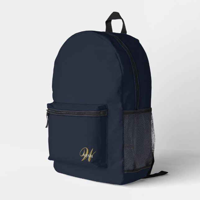 Custom Navy Blue Gold Initial Monogram Boy Sport  Printed Backpack (Back Corner Right)