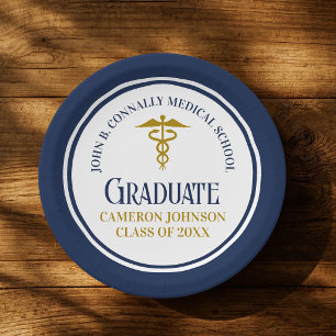 Custom Navy Blue Gold Medical School Graduation Paper Plate
