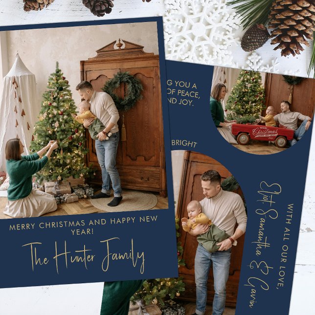 Custom Navy Blue Gold Minimalist Arch Family Photo Holiday Card (Creator Uploaded)