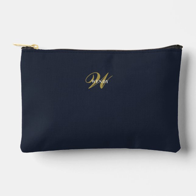 Custom Navy Blue Gold Monogram Minimal Clean Accessory Pouch