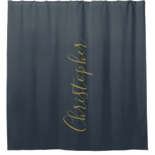 Custom Navy Blue Gold Script Name Minimalist Men Shower Curtain