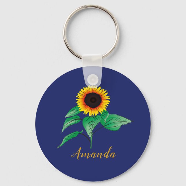 Custom Navy Blue Gold Script Watercolor Sunflower Key Ring (Front)