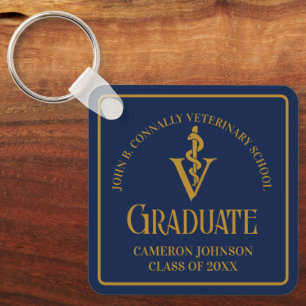 Custom Navy Blue Gold Veterinary School Graduation Key Ring