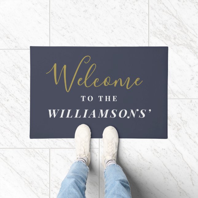 Custom Navy Blue Gold White Minimalist Welcome  Doormat (Indoor)