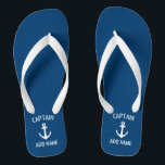 Custom navy blue nautical anchor boat captain jandals<br><div class="desc">Custom navy blue and white nautical anchor boat captain flip flops. Personalised beach slippers with ship anchor logo. Maritime sandals for sailor and sailing enthusiasts. Customisable colour. Cool Birthday party gift or party favour idea for friends, dad, husband, uncle, grandpa, wedding groom and bride, guests etc. Unique maritime and boating...</div>