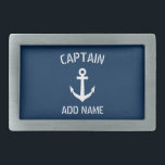 Custom navy blue nautical anchor boat captain rectangular belt buckle<br><div class="desc">Custom navy blue and white nautical anchor boat captain belt buckle. Personalised accessory with ship anchor logo. Maritime accessories for sailor and sailing enthusiasts. Customisable colour. Cool Christmas, Fathers Day, Wedding or Birthday party gift for friends, dad, father, husband, brother, uncle, grandpa, groom, wedding guests etc. Make your own unique...</div>