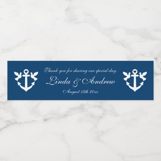 Custom navy blue nautical anchor wedding favour water bottle label (Single Label)