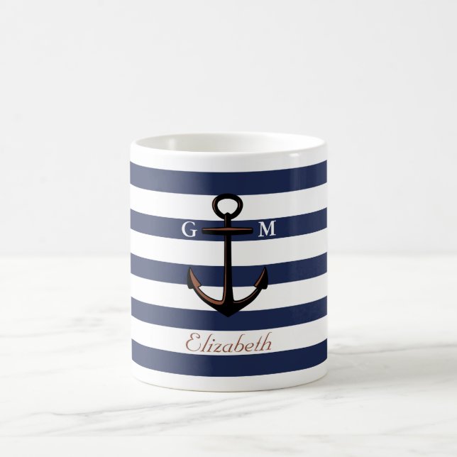 Custom Navy Blue Nautical Brass Anchor Coffee Mug (Center)
