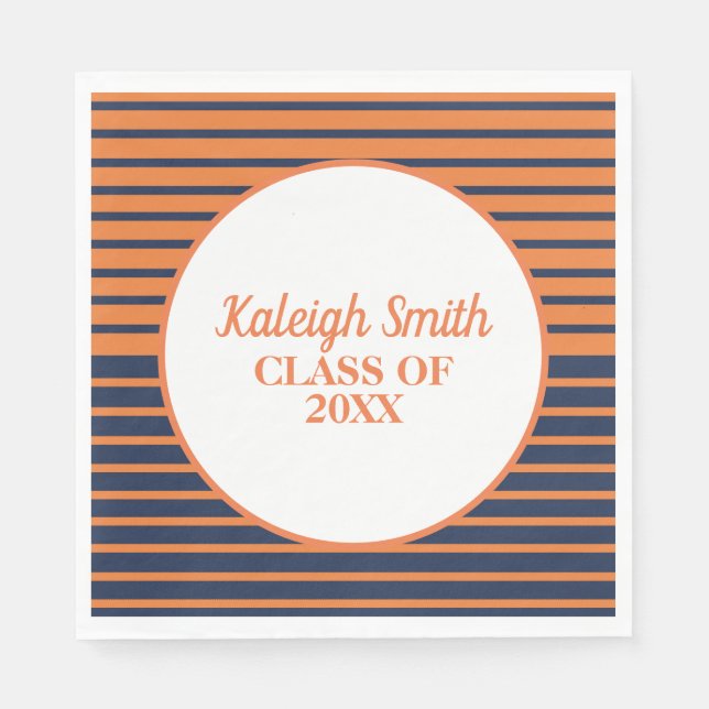 Custom Navy Blue Orange Striped Graduation Party Napkin (Front)