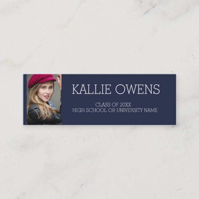 Custom Navy Blue Photo Graduation Insert Name Card (Front)