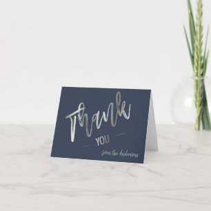 Custom Navy Blue Simple Script Silver Thank You Card