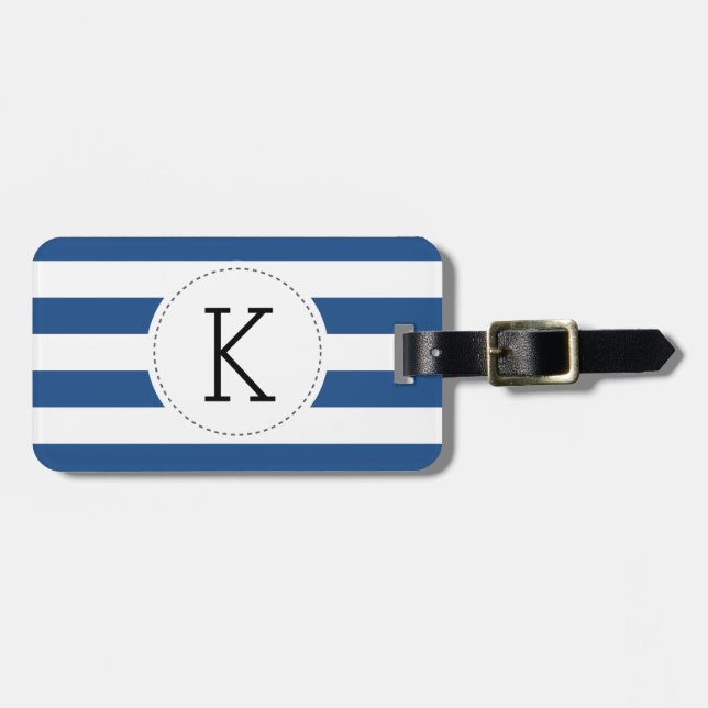 Custom Navy Blue Striped Monogram Luggage Tag (Front Horizontal)