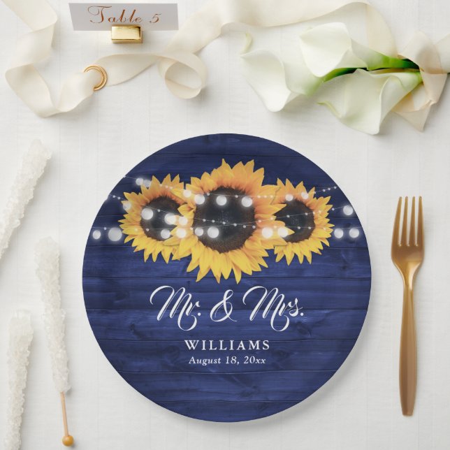 Custom Navy Blue Sunflower Rustic Wood Wedding Paper Plate (Wedding)