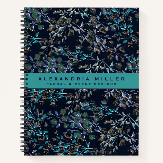 Custom Navy Blue & Teal Stylish Floral Pattern Notebook (Front)