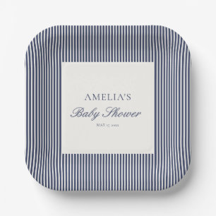 Custom Navy Blue Ticking Stripe Preppy Baby Shower Paper Plate