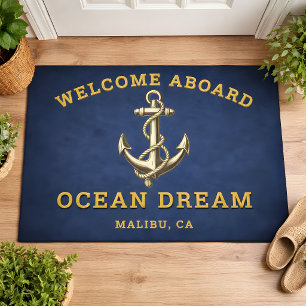 Custom Navy Blue Welcome Aboard Boat Name Anchor Doormat