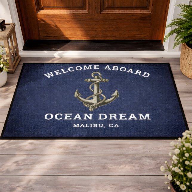 Custom Navy Blue Welcome Aboard Boat Name Anchor Doormat (Creator Uploaded)