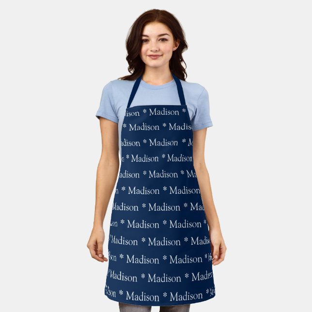Custom navy blue white name text pattern apron (Worn)