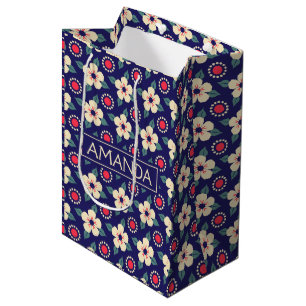 Custom Navy Blue with Cream Flowers Gift Bag