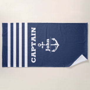 Custom Navy Captain with Personalised Name Beach Towel