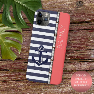 Custom Navy Dark Blue White Coral Red Stripes iPhone 15 Pro Max Case