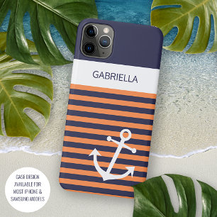 Custom Navy Dark Blue White Sunny Orange Stripes iPhone 16 Pro Max Case