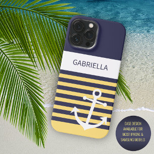 Custom Navy Dark Blue White Sunny Yellow Stripes iPhone 15 Pro Max Case