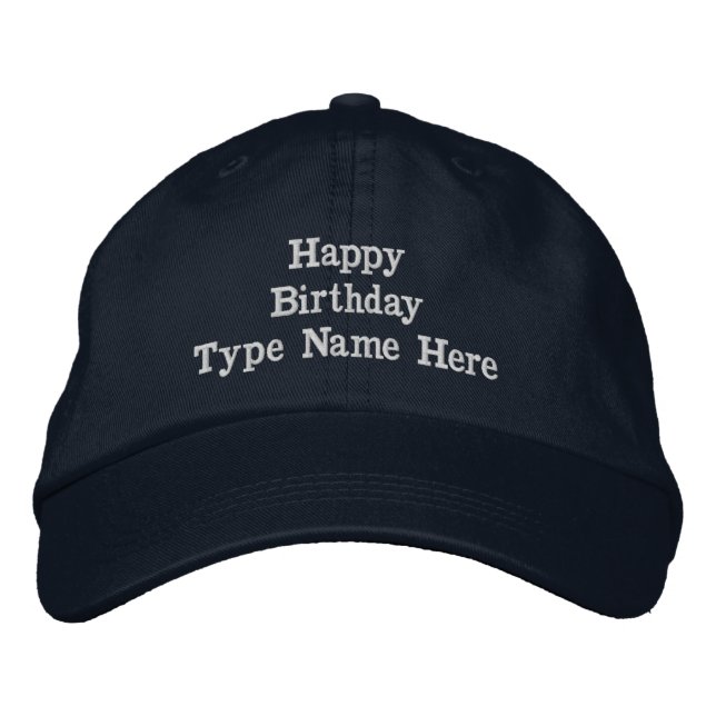 Custom Navy Embroidered Happy Birthday Adjustable Hat (Front)