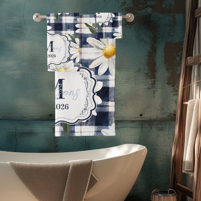 Custom Navy Gingham Daisy Monogram Bath Towel Set (Creator Uploaded)
