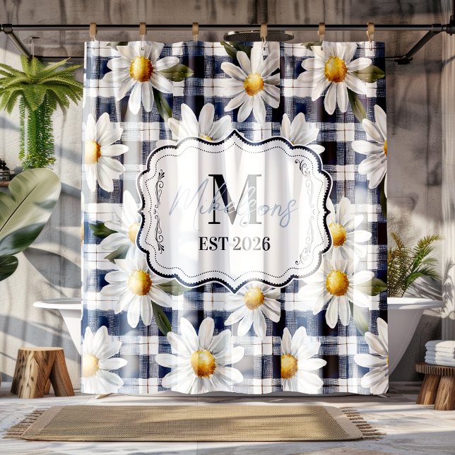 Custom Navy Gingham Daisy Monogram Shower Curtain (Creator Uploaded)
