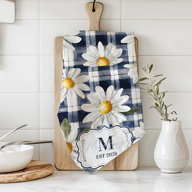 Custom Navy Gingham Daisy Monogram Tea Towel (Creator Uploaded)