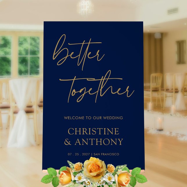 Custom Navy & Gold Acrylic Wedding Welcome Sign (Personalized Navy & Gold Better Together Wedding Acrylic Sign)