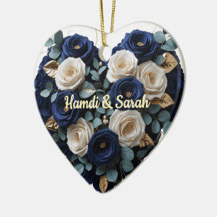 Custom Navy Gold Floral Monogram Heart Ornament