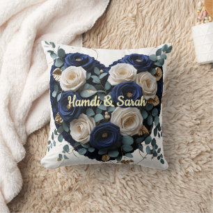 Custom Navy Gold Floral Monogram Heart Pillow