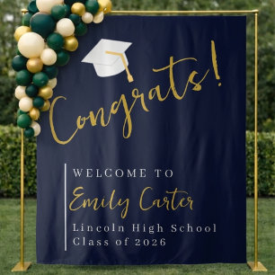 Custom Navy Gold Graduation Welcome Backdrop Sign Tapestry
