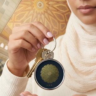Custom Navy Gold Islamic Geometry Madinah Rosette Key Ring