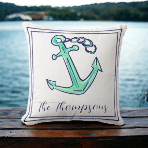 Custom Navy Green Anchor Nautical Boat Coastal Cushion