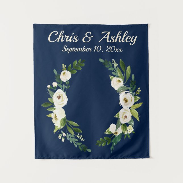 Custom Navy Greenery Wedding Backdrop for Ceremony Tapestry (Front)
