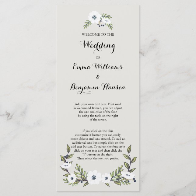 Custom navy Painted Anemones Wedding Program Programme (Front)