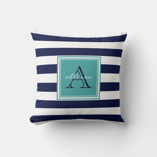 CUSTOM Navy Teal Monogrammed Awning Stripe Cushion (Front)